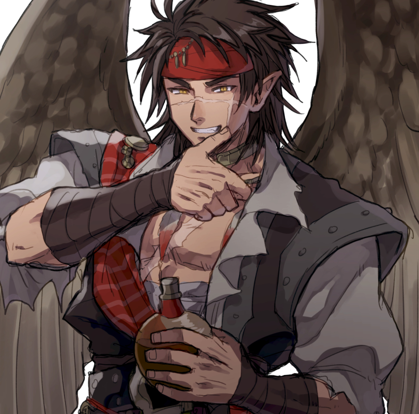 1boy bandaged_arm bandages bare_pectorals bottle brown_hair commentary_request cross_scar fire_emblem fire_emblem:_radiant_dawn grin headband highres holding holding_bottle kometubu0712 laguz_(fire_emblem) male_focus nintendo official_alternate_costume pectorals pointy_ears scar scar_on_chest scar_on_face simple_background smile solo tibarn_(fire_emblem) tibarn_(pirate)_(fire_emblem) torn_clothes torn_sleeves upper_body white_background wings yellow_eyes