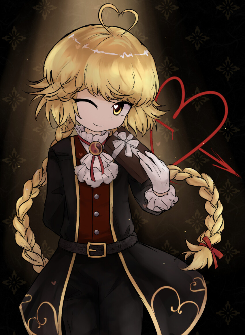 1other alternate_costume androgynous antenna_hair arrow_through_heart belt black_belt black_pants blonde_hair box braid brown_background gloves heart heart_in_eye highres holding holding_box kuroda_(kurota_ne) len&#039;en light_smile long_braid one_eye_closed ooama_no_ake_no_mitori orb other_focus pants red_shirt ribbon shirt sleeve_cuffs solo symbol_in_eye twin_braids white_gloves white_ribbon white_undershirt yellow_eyes yin_yang