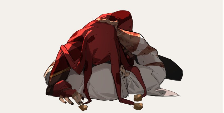 2boys absurdres arm_support arm_up bandaged_arm bandages black_nails blood blood_on_arm cloak commentary couple darkest_dungeon english_commentary fingerless_gloves gloves hand_on_another&#039;s_face hand_on_another&#039;s_neck hat highres hood hood_up implied_kiss jester_(darkest_dungeon) jester_cap kiss leper_(darkest_dungeon) lying lying_on_person male_focus multiple_boys nail_polish on_back pimonoooo red_gloves red_shawl shawl simple_background white_background white_cloak white_hood yaoi