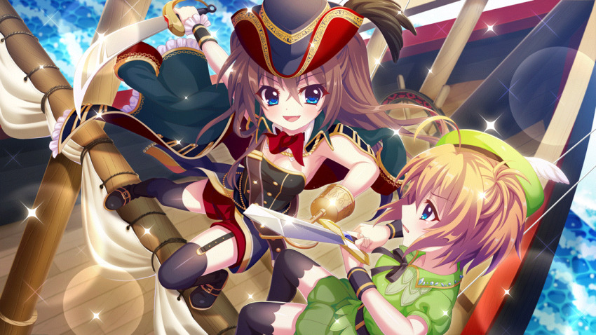2girls ahoge armpit_crease ascot belt beret black_belt black_bow black_feathers black_garter_straps black_leotard black_thighhighs black_wrist_cuffs blue_eyes bow breasts brown_hair buttons captain_hook captain_hook_(cosplay) cleavage coat coat_on_shoulders cosplay cutlass dot_nose double-breasted fang feathers film_grain game_cg garter_straps green_coat green_hat green_shorts green_tunic hair_between_eyes hat hat_feather holding holding_sword holding_weapon hook_hand izumi_tsubasu lens_flare leotard mast medium_breasts multiple_girls non-web_source ocean official_art open_mouth orange_hair peter_pan peter_pan_(character) peter_pan_(character)_(cosplay) pirate pirate_costume pirate_hat profile re:stage! red_ascot shikimiya_aone shikimiya_mana ship ship&#039;s_wheel short_hair short_sleeves shorts siblings single_wrist_cuff sisters small_breasts smile sparkle strapless strapless_leotard sword sword_fight thighhighs tunic watercraft weapon white_feathers wire wrist_cuffs