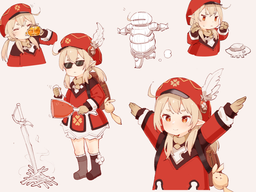 1girl ahoge armor backpack bag blonde_hair boned_meat bonfire_(dark_souls) child closed_eyes cosplay crystal_lizard dark_souls_(series) drinking estus_flask food genshin_impact hat highres klee_(genshin_impact) meat mrw multiple_views parody pointy_ears praise_the_sun red_eyes siegmeyer_of_catarina siegmeyer_of_catarina_(cosplay) sunglasses twintails