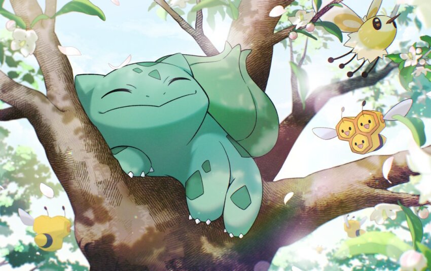 animal_focus bulbasaur cha_kuro_(limo) claws closed_eyes combee cutiefly day flower gen_1_pokemon gen_4_pokemon gen_7_pokemon in_tree nintendo no_humans nostrils outdoors petals pokemon pokemon_(creature) smile tree white_flower white_petals
