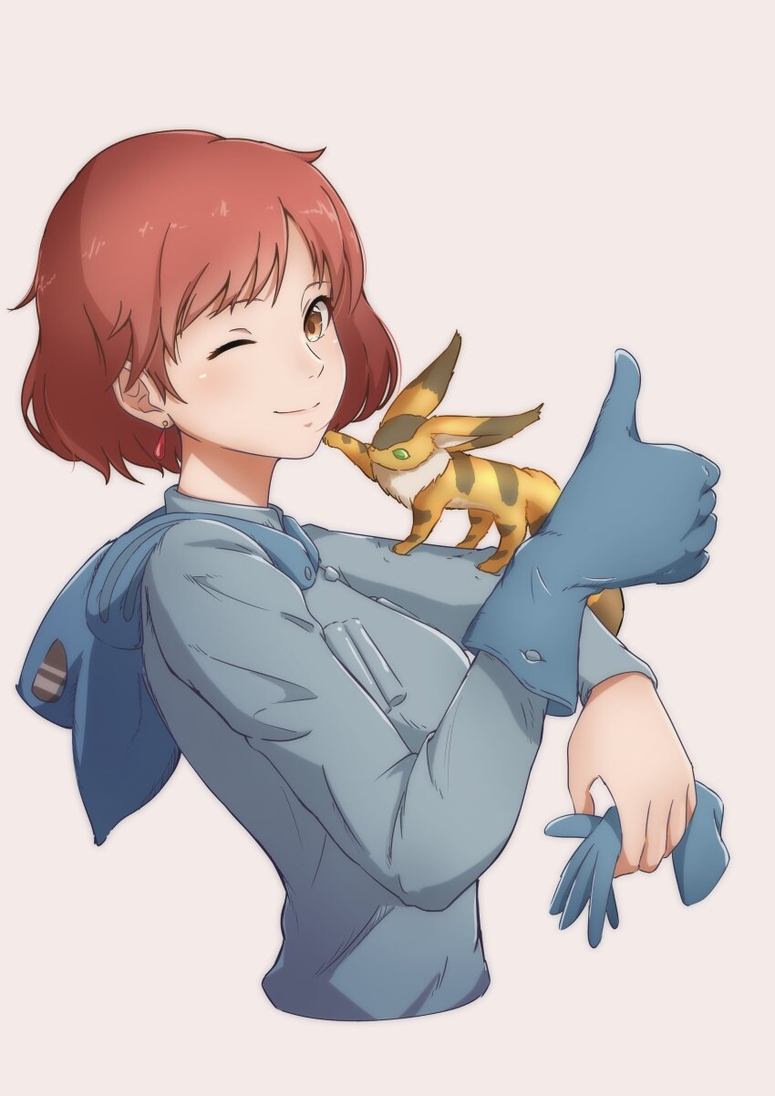 1girl absurdres animal animal_on_arm blue_dress blue_gloves breasts brown_eyes brown_hair closed_mouth cropped_torso dress earrings from_side gloves highres holding holding_gloves holding_unworn_clothes hood hood_down jewelry kaze_no_tani_no_nausicaa large_breasts long_sleeves looking_at_viewer nausicaa nishizuki_shino one_eye_closed short_hair single_glove smile teardrop_earrings teto_(nausicaa) thumbs_up unworn_gloves upper_body white_background