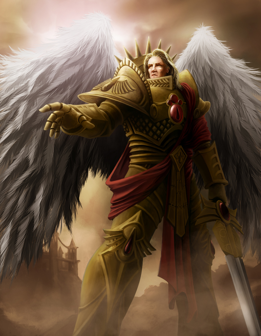 angel_wings armor blade_encarmine blonde_hair blood_angels celeng eyes_of_horus_(warhammer_40k) fortress gladius_incandor halo_effect highres ornate_armor primarch regalia_resplendent sanguinius sword teardrop-shaped_gem warhammer_40k weapon wings