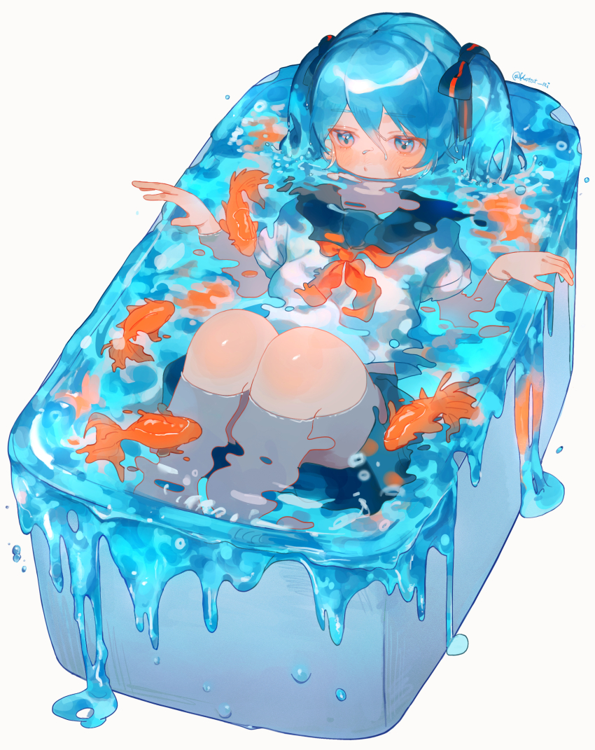 1girl absurdres bathtub blue_eyes blue_hair bottle_miku bow commentary fish goldfish hair_bow hatsune_miku highres in_bathtub kotat_mi long_hair neckerchief overflowing overflowing_bath partially_submerged school_uniform serafuku solo twintails vocaloid water
