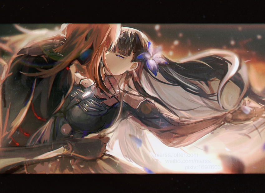 1girl 1other black_dress black_hair blue_flower brown_hair closed_eyes colored_inner_hair dress flower grey_hair hair_flower hair_ornament humanoid_robot kiss long_hair mechabare multicolored_hair niarss punishing:_gray_raven robot selena:_tempest_(pgr) selena_(pgr)