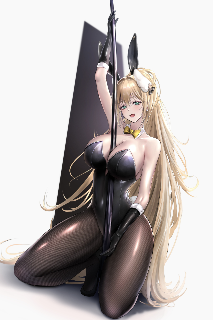 1girl :d absurdres alternate_costume animal_ear_headwear animal_ears bare_shoulders between_breasts black_gloves black_leotard blonde_hair bow bowtie breasts brown_pantyhose cleavage detached_collar eyeliner fake_animal_ears fake_tail fangs gloves goddess_of_victory:_nikke green_eyes hair_intakes hair_ornament high_heels highleg highleg_leotard highres holding holding_pole kneeling large_breasts leotard long_hair makeup open_mouth pantyhose playboy_bunny pole poni_(poni_arknights) ponytail rabbit_ears rabbit_tail red_eyeliner rupee_(nikke) rupee_(rabbit_deluxe)_(nikke) shoes smile solo strapless strapless_leotard stripper_pole tail very_long_hair wrist_cuffs yellow_bow yellow_bowtie
