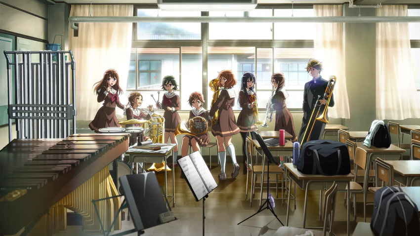 1boy 6+girls :o artist_request black_hair black_socks black_thighhighs blush brown_eyes brown_hair brown_shirt brown_skirt chair classroom curtains desk drumsticks euphonium french_horn green_eyes green_hair hair_ornament hairclip hibike!_euphonium highres holding holding_instrument indoors inoue_junna instrument kamaya_tsubame katou_hazuki kitauji_high_school_uniform kneehighs kohinata_yume kousaka_reina long_hair long_sleeves looking_at_another looking_at_viewer looking_back morimoto_michiyo multiple_girls neckerchief official_art oumae_kumiko parted_lips pleated_skirt purple_eyes red_neckerchief sailor_collar school_uniform serafuku shirt shoes short_hair sitting skirt smile socks standing thighhighs trombone trumpet tsukamoto_shuuichi tuba uwabaki white_footwear white_sailor_collar white_socks window