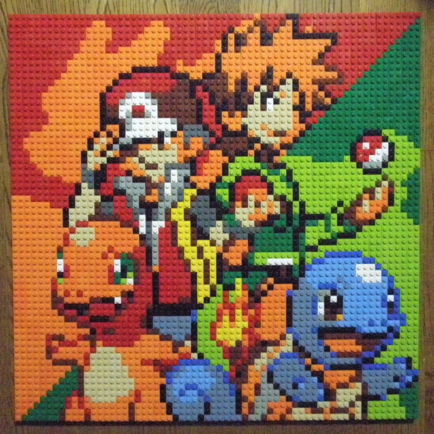 2boys backpack bag baseball_cap blue_oak brown_eyes brown_hair charizard charmander closed_mouth fang flame-tipped_tail game_freak gen_1_pokemon green_background green_eyes green_shirt hat highres lego lego_(medium) multicolored_background multiple_boys nintendo orange_hair photo_(medium) pixel_art poke_ball pokemon pokemon_(creature) pokemon_frlg pokemon_hgss red_(pokemon) red_background red_headwear red_vest shirt short_hair smile spiked_hair squirtle unconventional_media venusaur vest yellow_bag you_rei_(blowback)