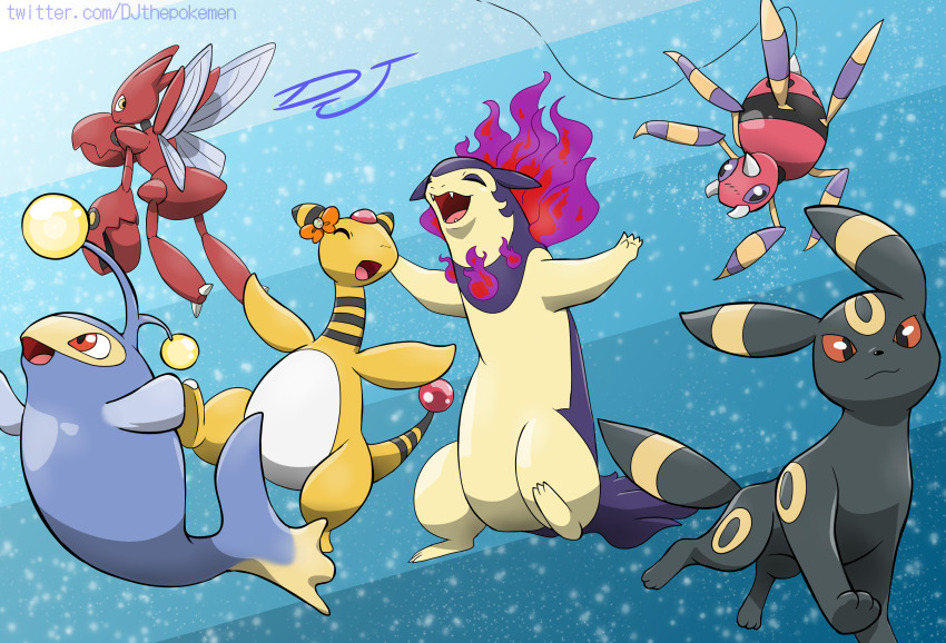 absurdres ampharos ariados closed_eyes closed_mouth commentary commission fangs fire gen_2_pokemon highres hisuian_typhlosion inkbooba lanturn looking_at_viewer looking_back nintendo no_humans open_mouth pokemon pokemon_(creature) purple_fire red_eyes scizor tongue twitter_username umbreon watermark web_address yellow_eyes