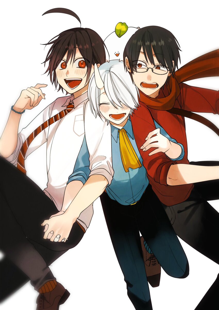 1other 3boys :3 abe_haruaki ahoge bead_bracelet beads black_hair blue_shirt blush bracelet brown_hair brown_shoes commentary hair_over_one_eye hatanaka_izuna highres horns interlocked_fingers jewelry locked_arms long_sleeves marshmallow_(yohaji) miki_rintarou multiple_boys necktie oni open_mouth red_eyes red_scarf red_shirt scarf shirt shoes simple_background smile striped_necktie surprised tanaka_mai white_background white_hair white_shirt youkai_gakkou_no_sensei_hajimemashita!