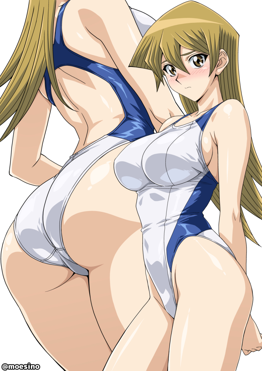1girl ass blonde_hair breasts brown_eyes competition_swimsuit cosplay cowboy_shot hair_between_eyes head_out_of_frame highleg highleg_one-piece_swimsuit highres large_breasts long_hair looking_at_viewer moeshino multiple_views one-piece_swimsuit simple_background swimsuit tenjouin_asuka twitter_username white_background white_one-piece_swimsuit yu-gi-oh! yu-gi-oh!_gx