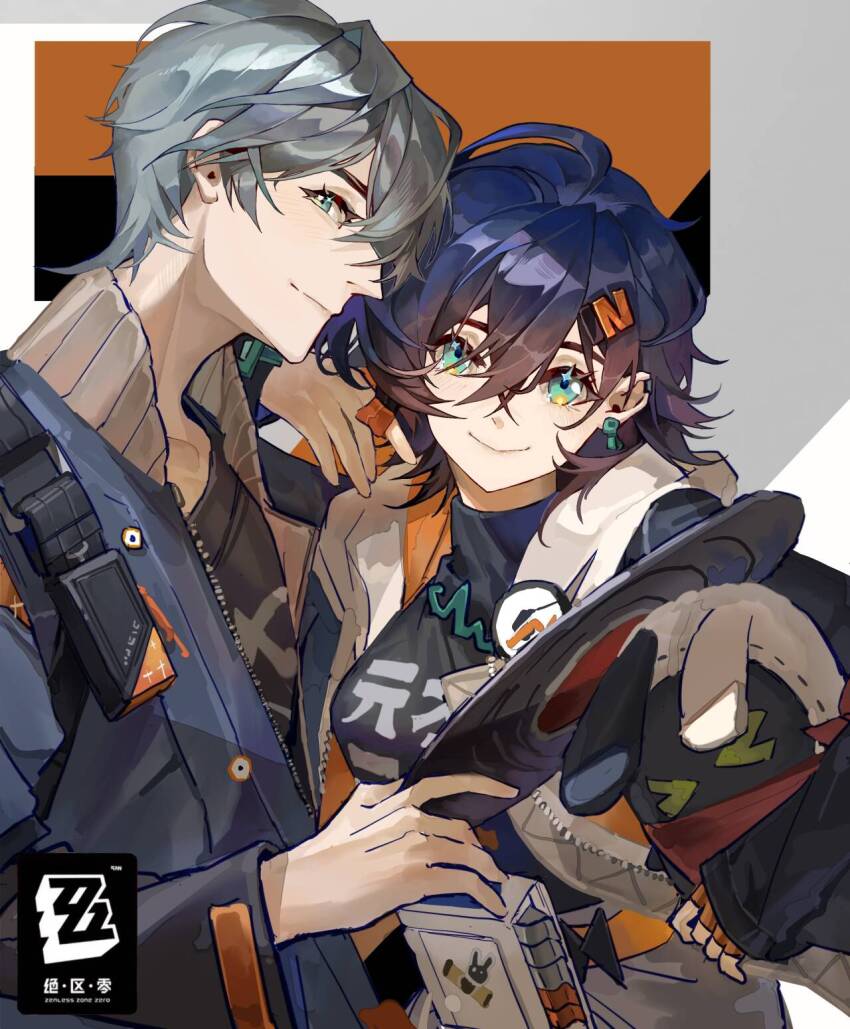 1boy 1girl arm_on_another&#039;s_shoulder belle_(zenless_zone_zero) blue_hair blue_jacket brother_and_sister chinese_commentary commentary_request copyright_name crossed_bangs deawei green_eyes grey_hair hair_between_eyes hair_ornament highres jacket looking_at_viewer shirt short_hair siblings smile wise_(zenless_zone_zero) zenless_zone_zero