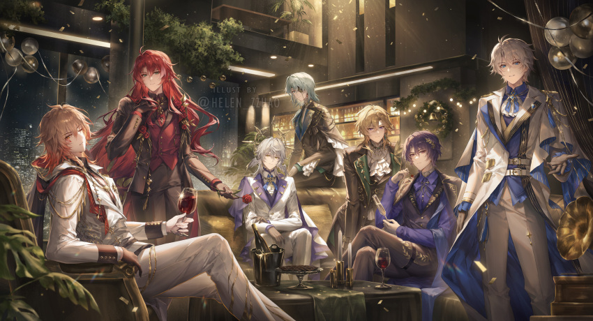 6+boys alternate_costume anaxa_(honkai:_star_rail) antenna_hair argenti_(honkai:_star_rail) artist_name aventurine_(honkai:_star_rail) black_gloves blonde_hair blue_eyes blue_hair braid closed_mouth collared_shirt dr._ratio_(honkai:_star_rail) facial_tattoo flower formal_clothes gloves green_eyes grey_hair hair_between_eyes halo halo_behind_head head_wings helen_zzhao highres honkai:_star_rail honkai_(series) long_hair long_sleeves looking_at_viewer male_focus medium_hair multicolored_eyes multiple_boys mydei_(honkai:_star_rail) phainon_(honkai:_star_rail) purple_eyes red_flower red_hair red_rose red_tattoo rose shirt short_hair side_braid smile suit sunday_(honkai:_star_rail) tattoo white_hair white_wings wings yellow_eyes