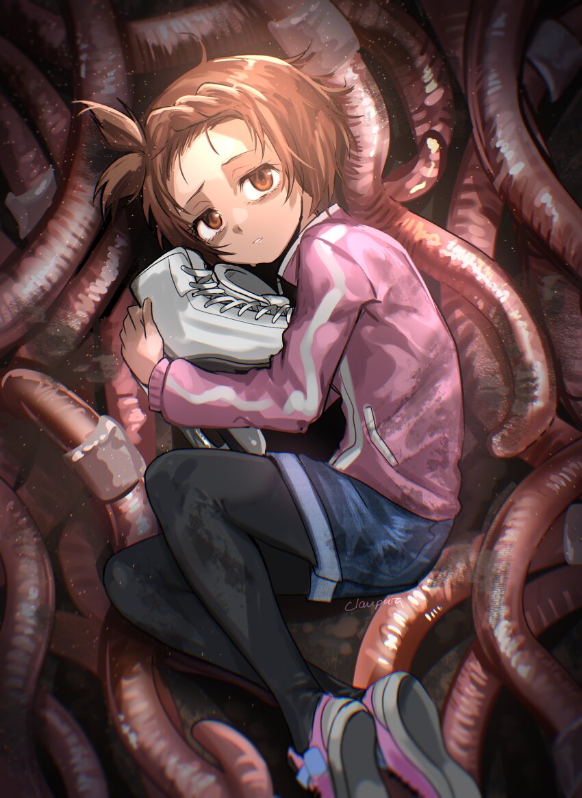1girl absurdres black_pantyhose brown_eyes brown_hair expressionless highres ice_skates looking_at_viewer lying medalist_(manga) norishiitsu on_side pantyhose parted_lips short_hair shorts skates solo worm yuitsuka_inori