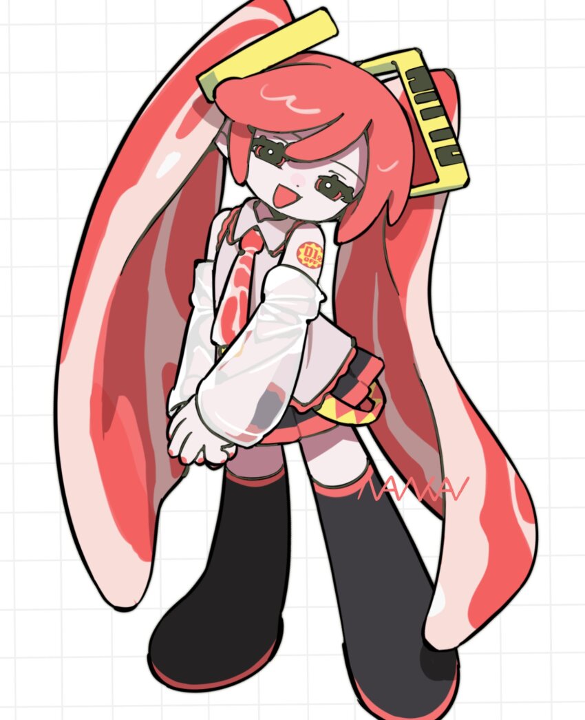 1girl adapted_costume alternate_eye_color alternate_hair_color black_boots black_skirt boots collared_shirt commentary_request food-themed_clothes food-themed_hair full_body grid_background hair_ornament half-closed_eyes hatsune_miku head_tilt highres long_hair looking_at_viewer nankai_(nankai_san) necktie niku_miku_(nankai) open_mouth own_hands_together pleated_skirt raw_meat red_eyes red_nails red_necktie romaji_commentary sale see-through_clothes see-through_sleeves shirt signature skirt sleeveless sleeveless_shirt sliced_meat smile solo standing thigh_boots very_long_hair vocaloid white_background white_shirt