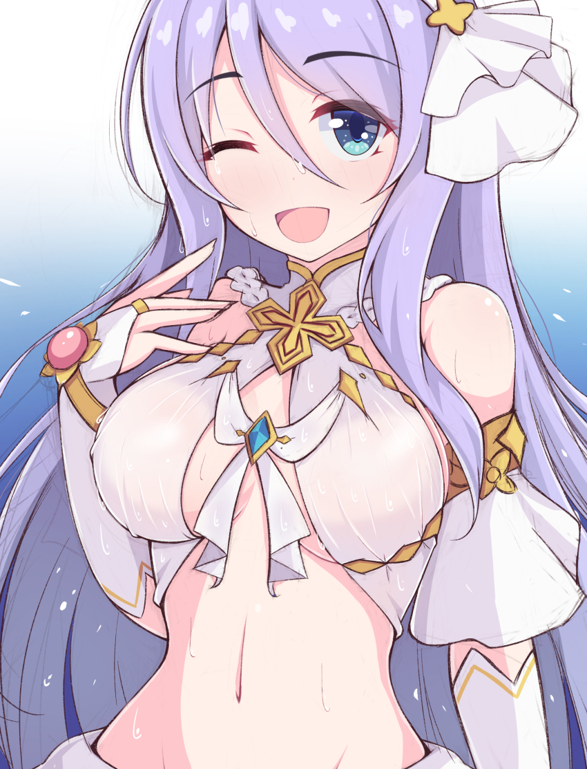 1girl absurdres aqua_eyes bare_shoulders blue_background breasts commentary_request cosplay criss-cross_halter dancer detached_sleeves gradient_background hair_ornament hairband halterneck highres kuroha_koudai large_breasts long_hair long_sleeves looking_at_viewer midriff navel one_eye_closed open_mouth princess_connect! purple_hair shizuru_(princess_connect!) smile solo star_ornament straight_hair sweat upper_body very_long_hair white_hairband yui_(ceremonial)_(princess_connect!) yui_(princess_connect!) yui_(princess_connect!)_(cosplay)
