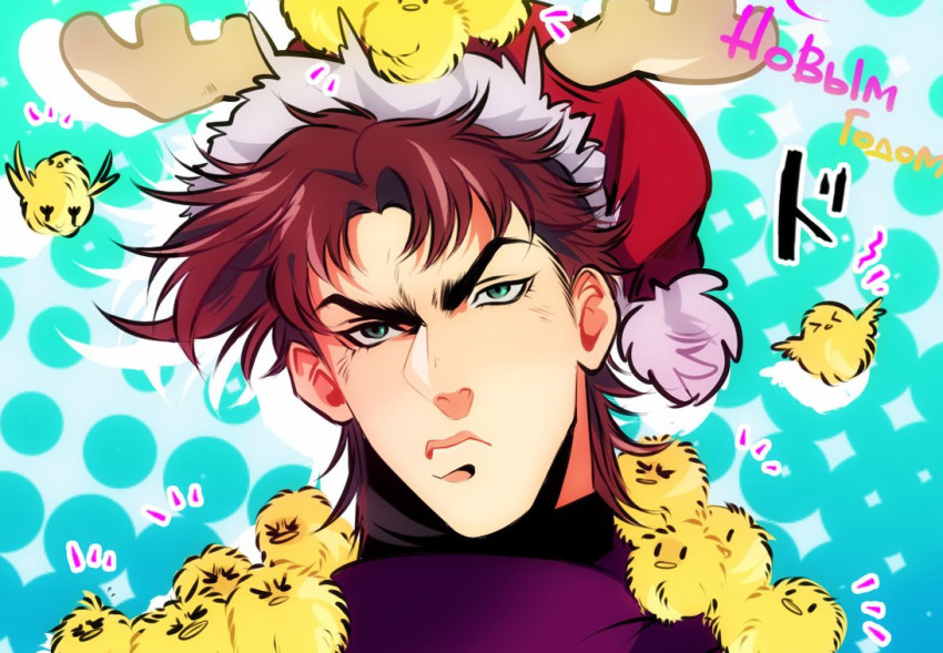 1boy animal animal_on_head antlers battle_tendency bird bird_on_head blue_eyes brown_hair chick frown hat horns jojo_no_kimyou_na_bouken jonya joseph_joestar joseph_joestar_(young) male_focus on_head reindeer_antlers russian_text santa_hat solo too_many too_many_chicks turtleneck