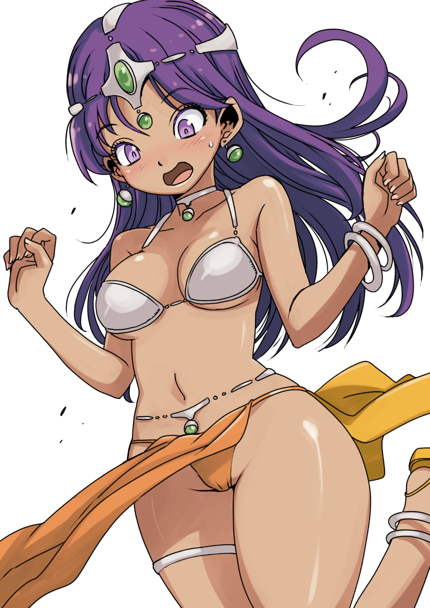 1girl anklet bikini blush bracelet breasts choker cleavage collarbone dancer dark_skin dragon_quest dragon_quest_iv earrings harem_outfit jewelry long_hair looking_down medium_breasts minea_(dq4) muramasa_mikado open_mouth orange_sandals pelvic_curtain purple_eyes purple_hair sandals square_enix standing standing_on_one_leg surprised sweat swimsuit thigh_strap tiara white_background white_bikini wind wind_lift
