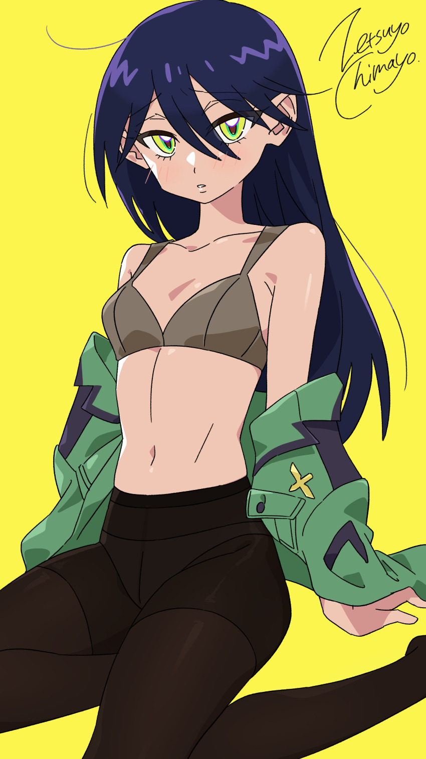 1girl absurdres artist_name bare_shoulders black_hair blush bra brown_bra brown_pantyhose green_eyes green_jacket gundam gundam_gquuuuuux hair_between_eyes highres jacket long_hair looking_at_viewer multicolored_eyes navel no_pants nyaan_(gundam_gquuuuuux) off_shoulder open_clothes open_jacket panties panties_under_pantyhose pantyhose parted_lips sitting solo underwear yellow_background yellow_eyes zetsuyo_chimayo