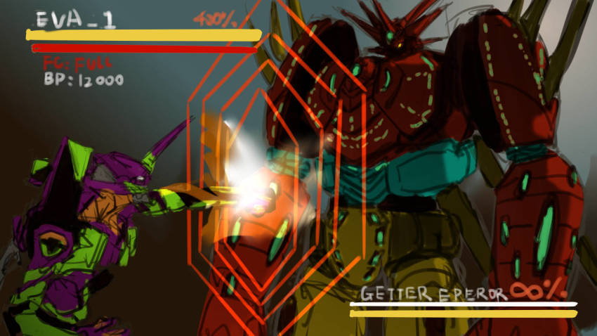 commentary crossover english_commentary eva_01 getter_emperor getter_robo glowing glowing_eye health_bar horns jianchuan mecha meme metal_gear_(series) metal_gear_rising:_revengeance neon_genesis_evangelion no_humans punching raiden_punching_armstrong_(meme) rebuild_of_evangelion robot science_fiction single_horn sketch super_robot white_eyes yellow_eyes