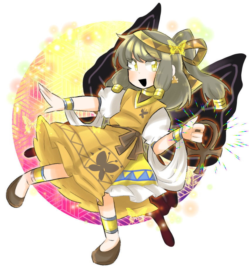 1girl ankh apron black_wings brown_ribbon brown_shoes butterfly_wings colored_eyelashes commentary flat_chest frilled_skirt frills highres hollow_song_of_birds insect_wings medium_hair nebet_tefet open_mouth original priswocaer puffy_short_sleeves puffy_sleeves ribbon shirt shoes short_sleeves skirt smile symbol-only_commentary touhou white_shirt wings yellow_apron yellow_eyes yellow_skirt