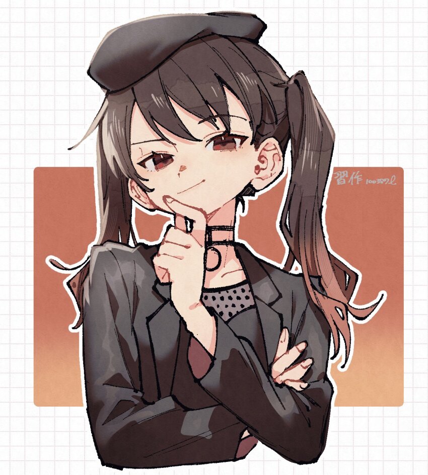 100387l 1girl beret black_choker black_hat black_jacket black_shirt bocchi_the_rock! brown_hair choker closed_mouth gradient_hair hand_on_own_chin hand_up hat highres jacket long_hair long_sleeves looking_at_viewer multicolored_hair o-ring o-ring_choker ootsuki_yoyoko outline red_eyes shirt smile solo twintails upper_body white_outline