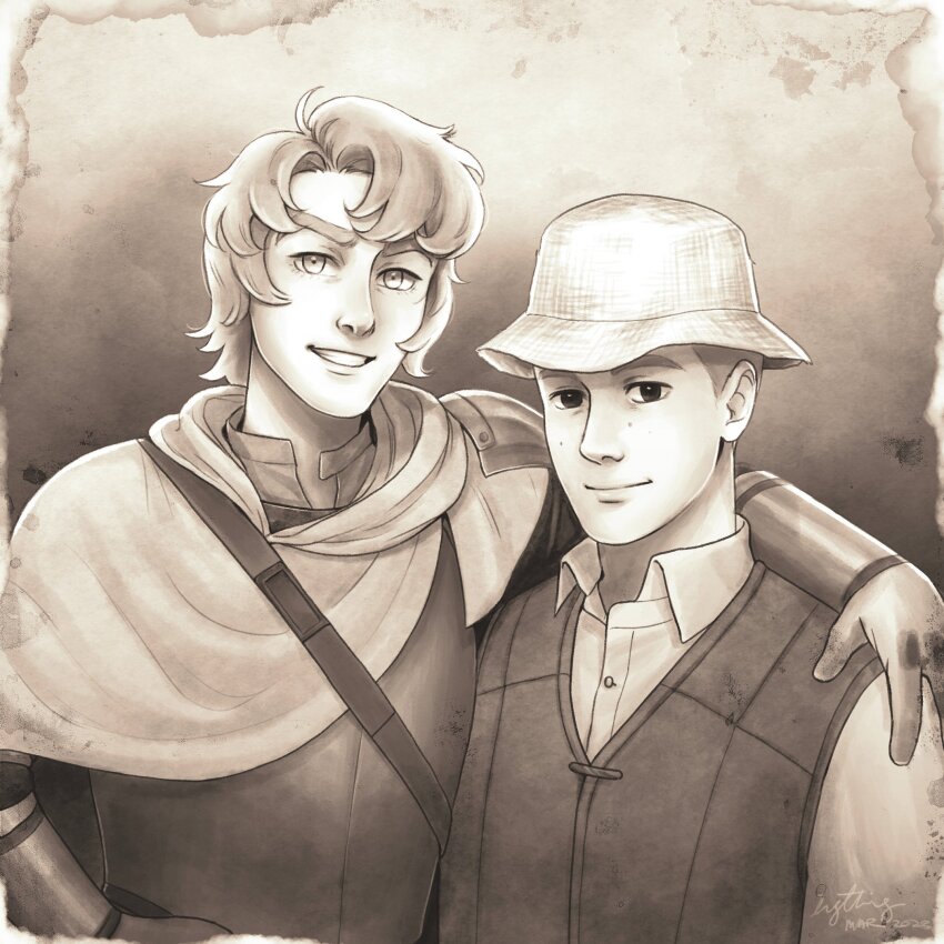 2boys aelfric_the_wondrous aelfric_von_claymondt cape collared_shirt conrad_(aelfric_the_wondrous) fake_photograph gauntlets grin hand_on_another&#039;s_shoulder hat highres ingthing looking_at_viewer male_focus monochrome multiple_boys sepia shirt short_hair smile