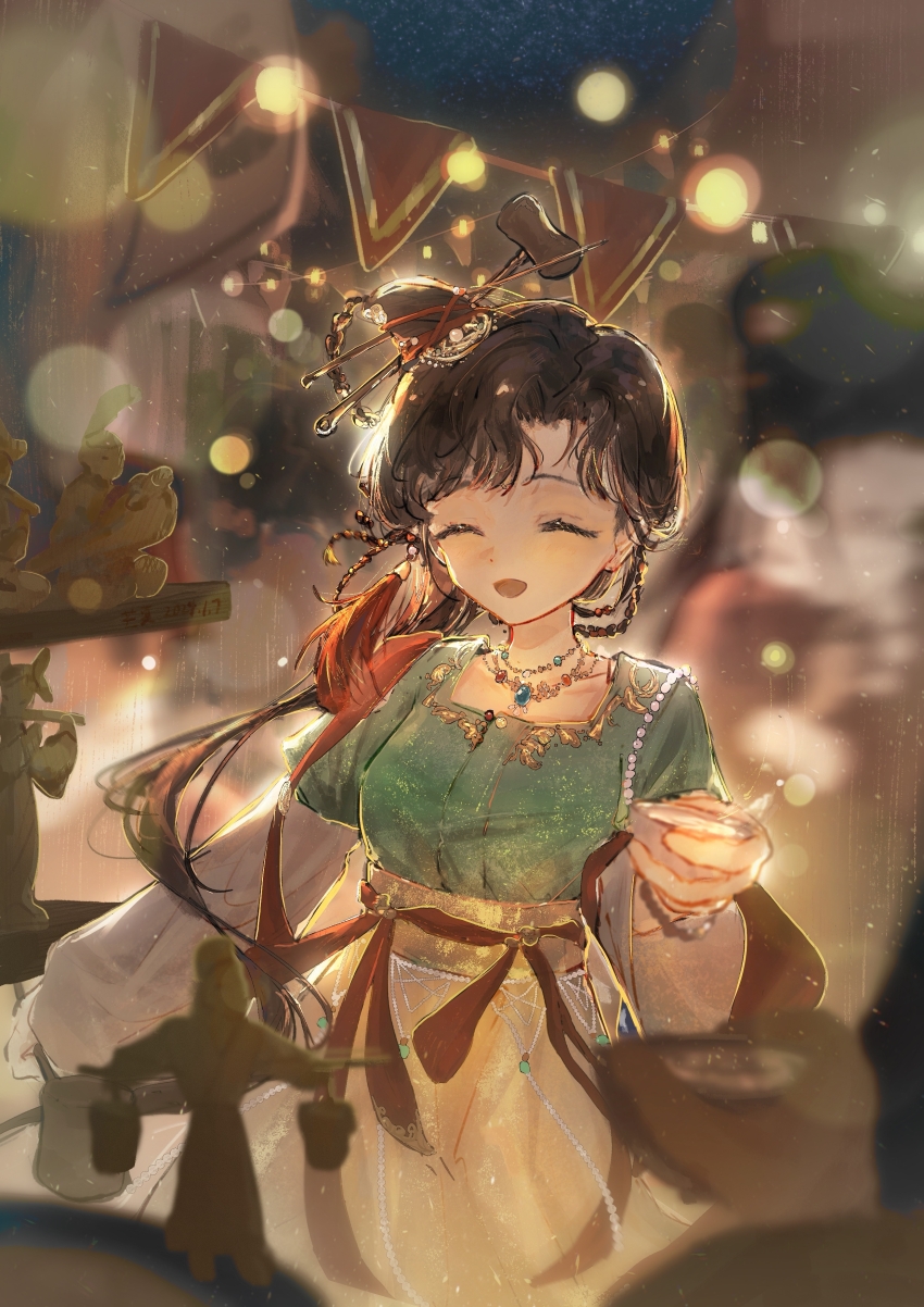 1girl absurdres alcohol backlighting banbi black_hair blurry blurry_background blurry_foreground bokeh chinese_clothes chinese_hairpin closed_eyes cup depth_of_field dipper facing_viewer green_shirt hair_bun hair_ornament hanfu highres holding holding_cup holding_spoon jewelry jiu_niangzi layered_sleeves liquor long_hair long_sleeves mangxia_xiang_chi_mangguo necklace night night_sky open_mouth outstretched_hand people pov pov_hands reverse:1999 shirt short_over_long_sleeves short_sleeves single_side_bun skirt sky smile solo spoon statuette string_of_flags tassel tassel_hair_ornament upper_body yellow_skirt