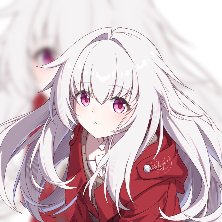 1girl brown_sweater character_signature clara_(honkai:_star_rail) commentary hair_between_eyes hair_intakes highres honkai:_star_rail honkai_(series) jacket light_blush long_hair looking_at_viewer luyue purple_eyes red_jacket simple_background sweater very_long_hair white_background white_hair zoom_layer