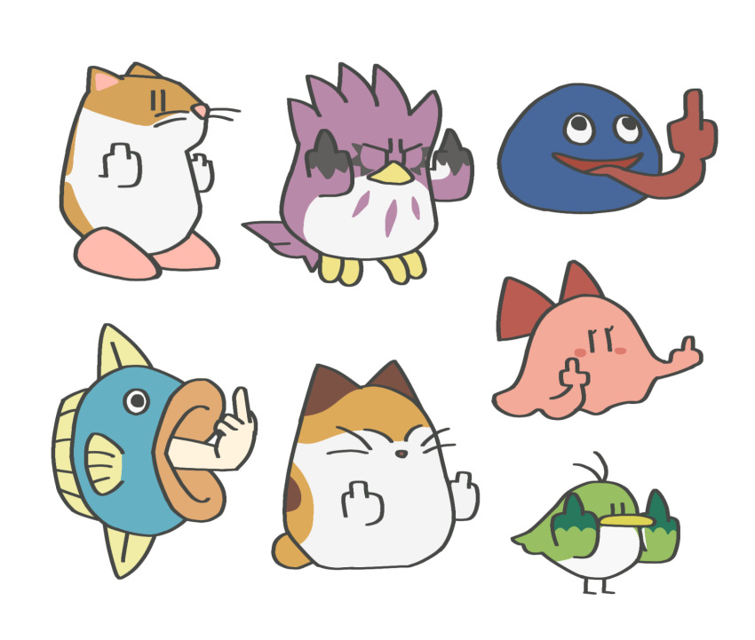 bird cat chanpuru_(nicoseiga_67544477) chuchu_(kirby) commentary_request coo_(kirby) cookie_(touhou) double_middle_finger dragon_quest fish fuckin_animal full_body hamster highres kine_(kirby) kirby_(series) kirby_64 middle_finger nago nintendo no_humans pitch_(kirby) rick_(kirby) simple_background slime_(creature) transparent_background