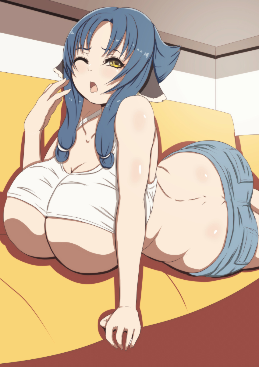 1girl animal_ears aquaplus ass atuy back backless_outfit bare_arms bare_shoulders blue_hair breasts butt_crack cleavage couch crop_top dimples_of_venus hair_over_shoulder highres huge_breasts indoors looking_up lying on_couch on_side one_eye_closed open_mouth parted_bangs pepejii shiny_skin short_hair_with_long_locks shorts sleeveless solo tongue tongue_out underboob utawarerumono utawarerumono:_itsuwari_no_kamen yawning yellow_eyes