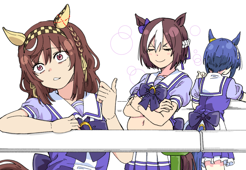 3girls animal_ears belly blue_hair brown_hair buena_vista_(umamusume) cesario_(umamusume) closed_eyes closed_mouth commentary_request fence grass horse_ears long_hair meme multiple_girls navel purple_eyes school_uniform smile smug smug_inori_(meme) special_week_(umamusume) taguchi_kenji_(omaep) that&#039;s_my_tsukasa_(meme) tracen_school_uniform umamusume white_background