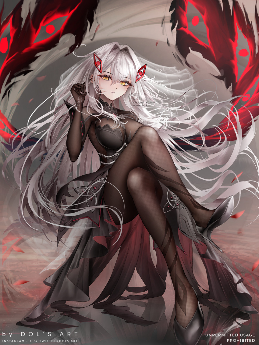 1girl absurdres artist_name black_bodystocking black_dress black_shoes bodystocking breasts commentary commission crossed_legs dols_art dress english_commentary eye_hair_ornament eyes_on_wings falling_petals floating_hair frown full_body genshin_impact hair_between_eyes hair_intakes hand_up high_heels highres invisible_chair large_breasts long_hair looking_at_viewer parted_lips petals pumps red_petals red_wings reflective_floor ronova_(genshin_impact) see-through_clothes see-through_veil shoes sitting solo symbol-shaped_pupils veil very_long_hair watermark white_hair wings yellow_eyes