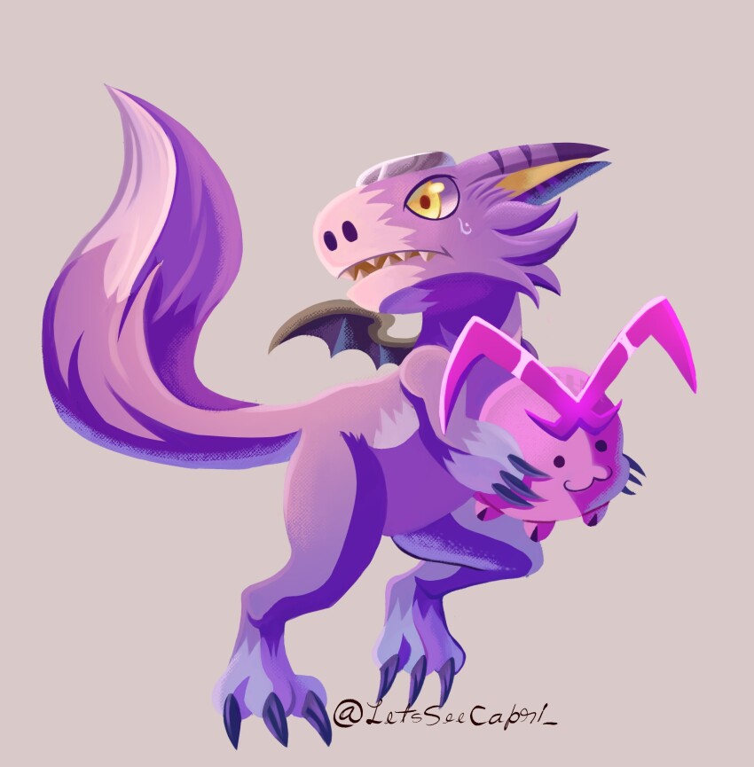 artist_name claws digimon digimon_(creature) digital_monster_x-evolution dorumon grey_background highres letsseecapri no_humans purple_fur simple_background smile tail tokomon tokomon_x-antibody wings yellow_eyes