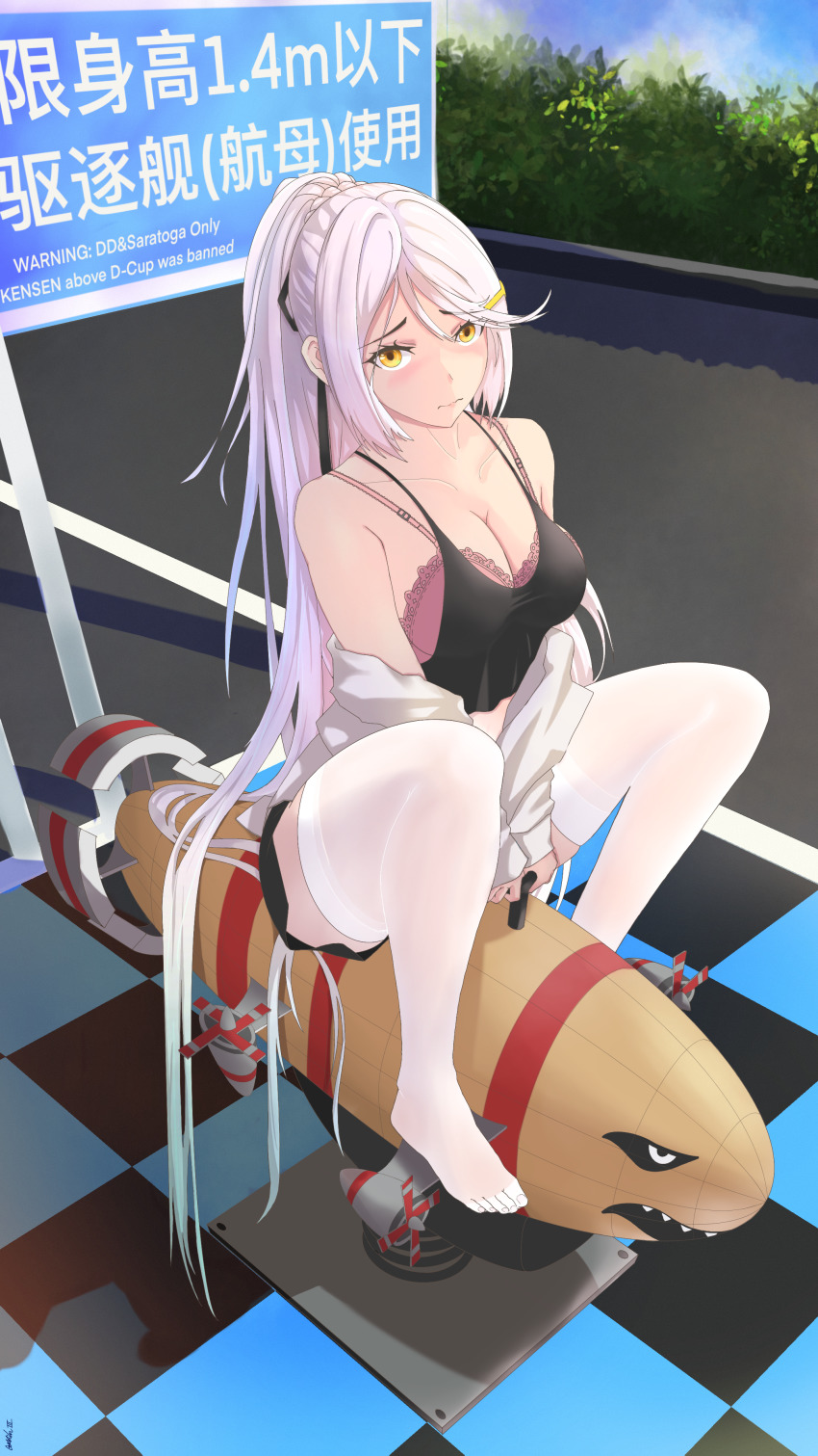 1girl absurdres azur_lane barefoot black_shirt bra bra_peek braid breasts checkered_floor cleavage command_&amp;_conquer crown_braid english_text engrish_text full_body goblin003 highres huge_filesize jacket kirov_(azur_lane) kirov_airship large_breasts light_purple_hair long_hair nail_polish name_connection pink_bra ranguage shirt sitting sleeveless sleeveless_shirt solo thighhighs toenail_polish toenails underwear very_long_hair white_jacket white_thighhighs yellow_eyes
