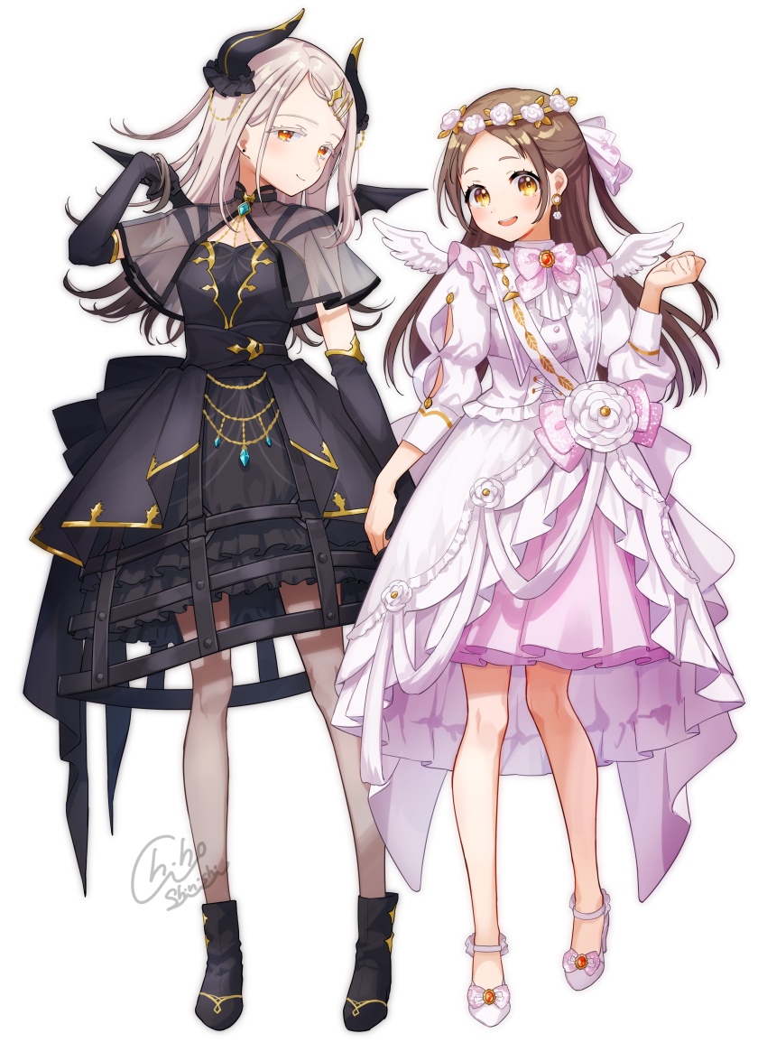 2girls absurdres ankle_boots belly_chain black_dress black_gloves blue_brooch blush boots bow bowtie breasts brown_eyes brown_hair clenched_hand closed_mouth clothing_cutout colored_eyelashes demon_horns demon_wings dress earrings elbow_gloves fake_horns fake_wings feathered_wings flat_chest flipped_hair flower flower_wreath frilled_dress frills full_body gakuen_idolmaster gloves gold_trim grey_hair hair_ornament hairclip hand_up high_heels highres horns idolmaster jewelry kuramoto_china long_hair long_sleeves looking_at_viewer multiple_girls open_mouth orange_eyes parted_bangs pink_bow pink_bowtie pink_dress pink_shoes red_brooch see-through_clothes see-through_sleeves shinishi_chiho shinosawa_hiro shoes signature simple_background small_breasts smile standing white_background white_flower wings