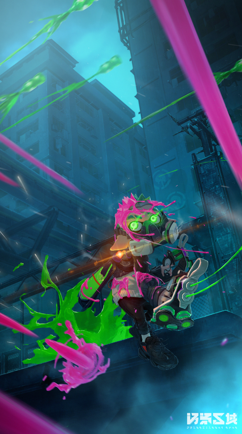 1boy absurdres black_pants blue_sky building capri_pants cloud cloudy_sky covered_mouth dual_wielding eye_trail eyebrow_cut full_body glint glowing glowing_eyes green_eyes green_hair highres holding holding_weapon in-universe_location ink_tank_(splatoon) inkling inkling_boy inkling_player_character jumping light_trail long_sleeves looking_afar male_focus mask matching_hair/eyes motion_blur nintendo osen_kuiki outdoors pants pointy_ears respirator shoes short_hair sky sneakers socks solo spiked_hair splatoon_(series) splatter tetra_dualies_(splatoon) transformer two-tone_sweater very_short_hair watermark weapon white_socks