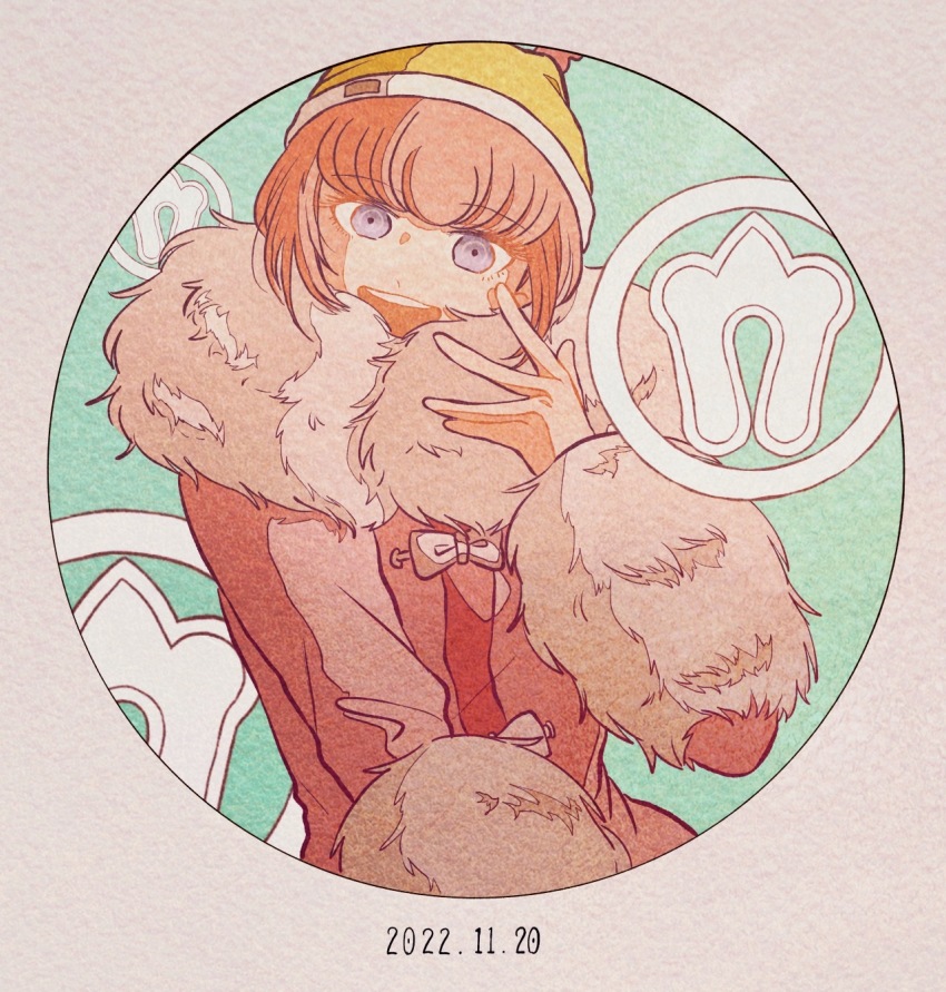 1girl :d ando_ruruka bow danganronpa_(series) danganronpa_3_(anime) dated fur-trimmed_jacket fur_trim grey_background hat highres jacket kiri_(2htkz) long_sleeves open_mouth pink_eyes pink_hair pink_jacket short_hair smile solo teeth upper_body upper_teeth_only