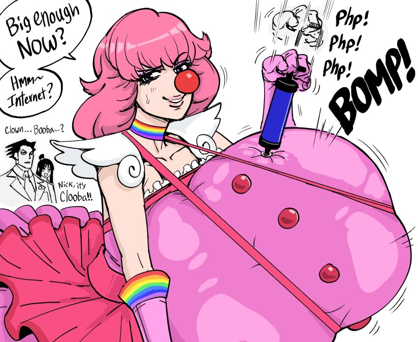 1girl absurdres ace_attorney air_pump bb_(baalbuddy) bicycle_pump blue_eyes breast_padding clown clown_nose english_text geiru_toneido highres inflation maya_fey medium_hair phoenix_wright pink_hair pink_skirt pump skirt solo_focus speech_bubble