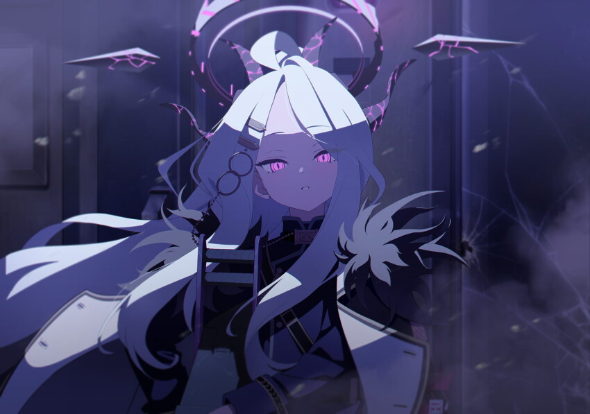 1girl ahoge aiguillette armband artist_request black_coat black_fur black_halo black_horns black_jacket blue_archive broken_glass broken_window bullet_hole coat crack cracked_glass demon_girl demon_horns dust_cloud eyes_visible_through_hair fur-trimmed_coat fur_trim game_cg glass glowing_horns gold_buttons gun hair_ornament hairclip halo highres hina_(blue_archive) holding holding_gun holding_weapon horns indoors jacket long_hair long_sidelocks looking_at_viewer machine_gun mg42 multicolored_coat night non-web_source official_art open_mouth ponytail red_armband school_uniform sidelocks solo spoilers straight-on train_interior very_long_hair weapon white_coat white_hair window