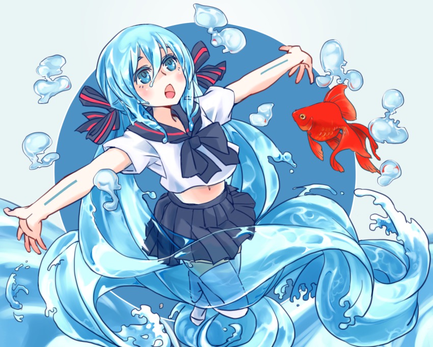 1girl blue_eyes blue_hair bottle_miku crop_top crop_top_overhang female_focus fish galahad_01 hair_ribbon hatsune_miku liquid_hair long_hair matching_hair/eyes midriff navel open_mouth outstretched_arms ribbon school_uniform serafuku skirt solo spread_arms thighhighs twintails very_long_hair vocaloid