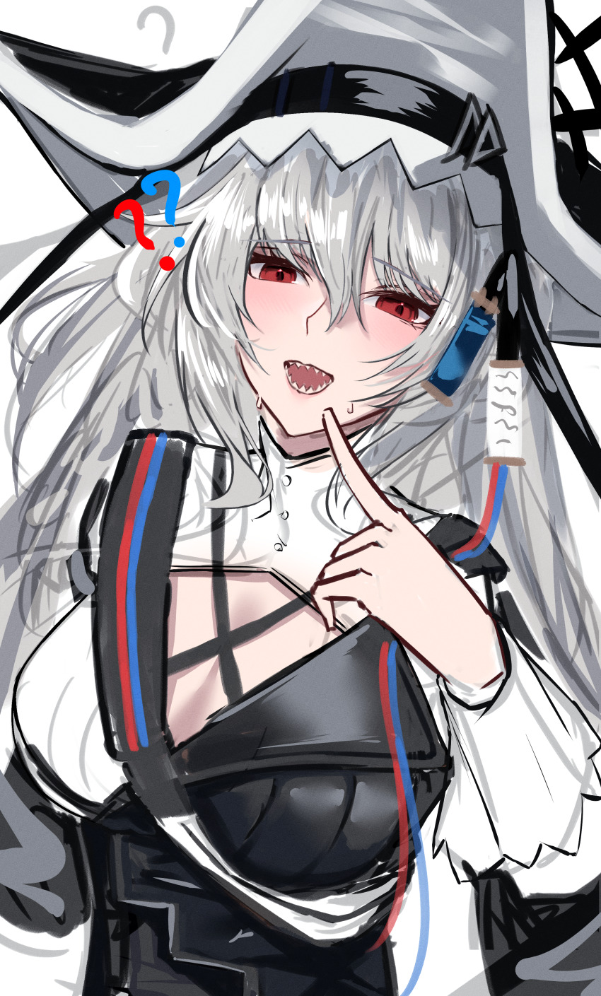 1girl ? ?? absurdres arknights black_dress black_hat blush breasts cleavage cleavage_cutout clothing_cutout criss-cross_straps cuffs dress grey_hair hair_between_eyes hat highres long_sleeves medium_breasts mo_komo_momo open_mouth pointing pointing_at_self pointy_hat red_eyes sharp_teeth shoulder_strap simple_background solo specter_(arknights) specter_the_unchained_(arknights) sweat sweatdrop teeth tongue two-sided_fabric two-sided_headwear two-tone_dress upper_body
