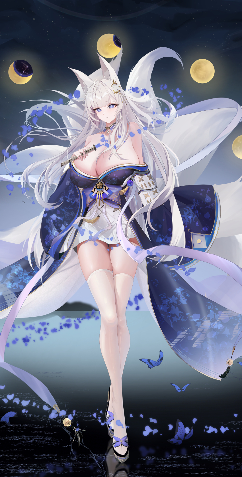 1girl absurdres animal_ears azur_lane bare_shoulders blue_butterfly blue_collar blue_eyes blue_kimono blue_petals breasts bug butterfly check_commentary cleavage collar collarbone commentary_request commission crescent_moon fox_ears fox_tail full_body full_moon highres holding holding_sword holding_weapon huge_breasts insect japanese_clothes kimono kitsune kodokunogotoku kyuubi large_tail long_hair long_sleeves looking_at_viewer moon moon_phases multiple_tails new_moon night pixiv_commission reflection shinano_(azur_lane) shirt shoes skirt_under_kimono solo sword tail thighhighs very_long_hair walking weapon white_hair white_shirt white_shoes white_tail white_thighhighs wide_sleeves zettai_ryouiki