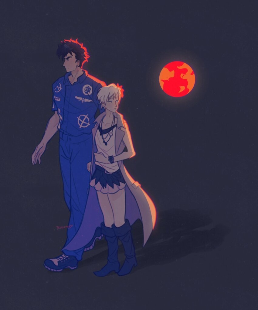1boy 1girl black_boots black_hair blue_pants blue_shirt boots closed_mouth collared_shirt commentary english_commentary highres jacket kyokugen_dasshutsu kyokugen_dasshutsu_adv:_zennin_shibou_desu open_clothes open_jacket pants phi_(kyokugen_dasshutsu) planet shadow shirt shoes short_hair short_sleeves sigma_(kyokugen_dasshutsu) signature skirt sleeveless sleeveless_jacket sleeveless_shirt standing trunswicked very_short_hair watch white_hair white_shirt wristwatch