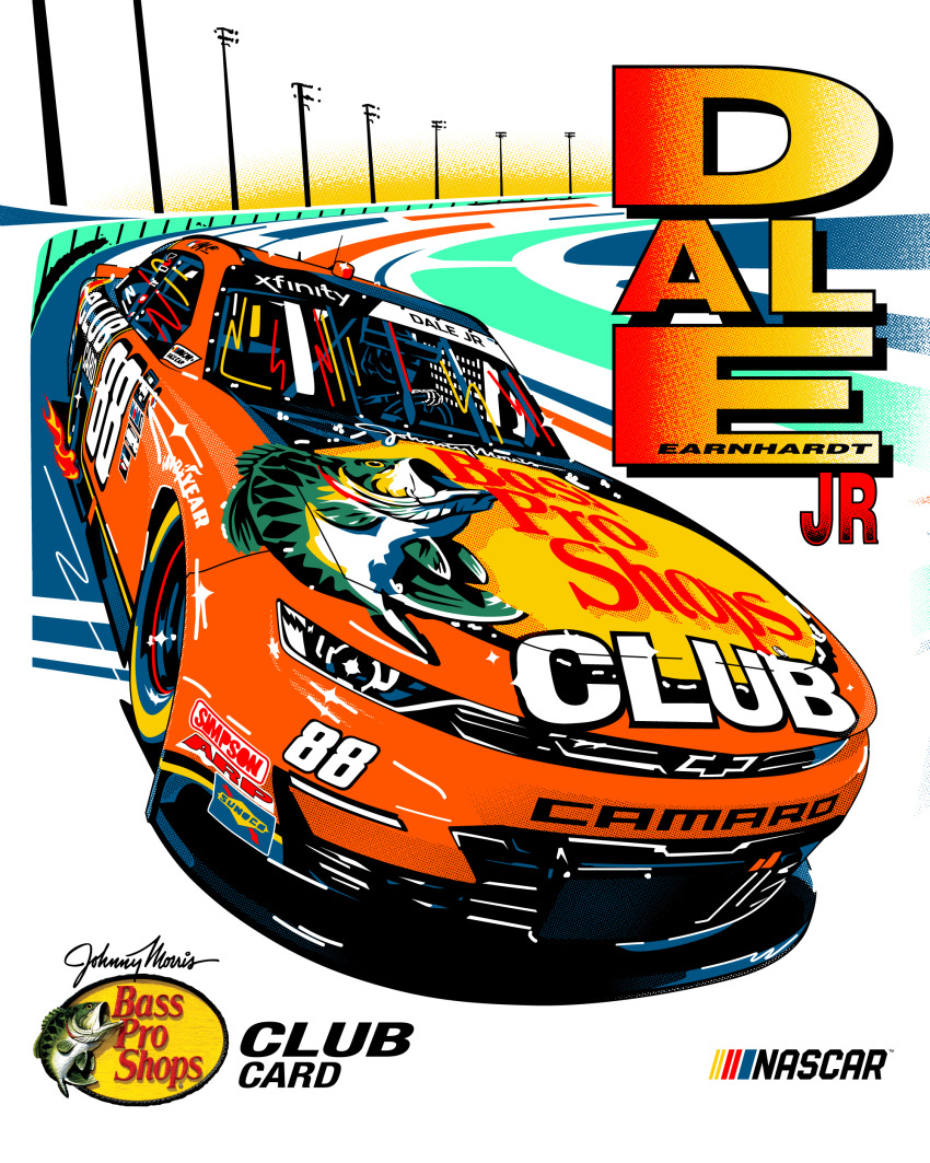 1boy absurdres bass_pro_shops car character_name chevrolet chevrolet_camaro dale_earnhardt_jr. driving helmet highres logo motor_vehicle nascar official_art orange_car race_vehicle racecar racetrack real_life ryan_williams solo sponsor vehicle_focus
