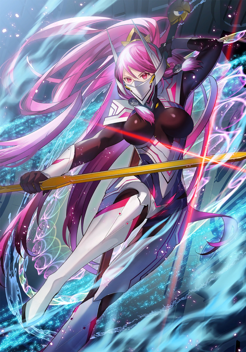 1girl animal_ears armor black_bodysuit blazblue blazblue:_bloodedge_experience blazblue:_central_fiction blazblue_alternative:_dark_war blue_background bodysuit breasts detached_sleeves dual_wielding golden_sword hair_ornament hair_tubes highres holding katana kyouka_hatori large_breasts long_hair mask mouth_mask naoto_kurogane official_art pauldrons ponytail red_eyes red_hair shoulder_armor solo splashing sword tokiwa_camellia trail tsubaki_yayoi very_long_hair water weapon white_armor white_justice