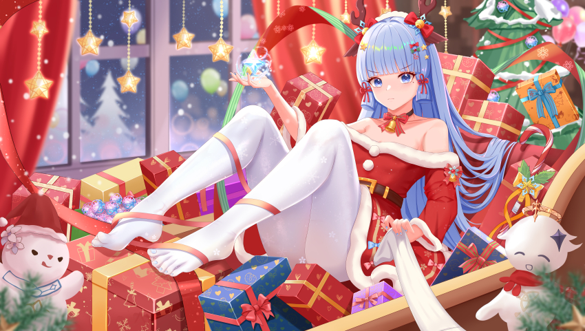 1girl absurdres alternate_costume arched_bangs ayaka_(genshin_impact) bare_shoulders bell black_choker blue_bow blue_eyes blue_hair blue_nails blush bow bowtie character_doll chinese_commentary choker christmas christmas_tree closed_mouth collarbone commentary_request doll dress fake_antlers fingernails genshin_impact gift hand_up highres holding indoors intertwined_fate light_blue_hair light_frown long_hair looking_at_viewer lumine_(genshin_impact) medium_hair nail_polish neck_bell no_shoes off-shoulder_dress off_shoulder paimon_(genshin_impact) pantyhose pom_pom_(clothes) primogem red_bow red_bowtie red_dress sitting solo star_(symbol) toenail_polish toenails very_long_hair white_pantyhose zhui_ming_ying_xue
