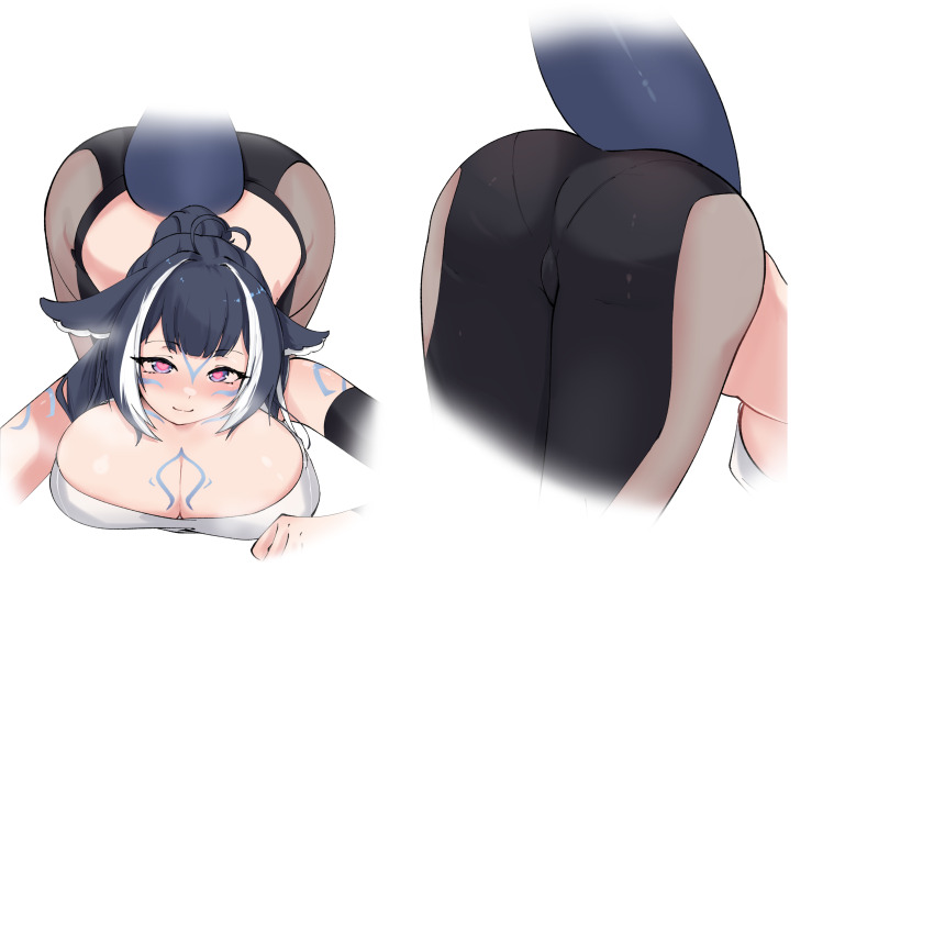 1girl absurdres ahoge ass black_hair body_markings breast_press breasts cetacean_tail cleavage detached_sleeves facial_mark fins fish_tail heart heart-shaped_pupils heart_ahoge highres indie_virtual_youtuber large_breasts long_hair looking_at_viewer multicolored_hair multiple_views orca_girl p_protocoll pants ponytail purple_eyes shylily single_detached_sleeve streaked_hair symbol-shaped_pupils tail tank_top tight_clothes tight_pants top-down_bottom-up virtual_youtuber white_hair white_tank_top