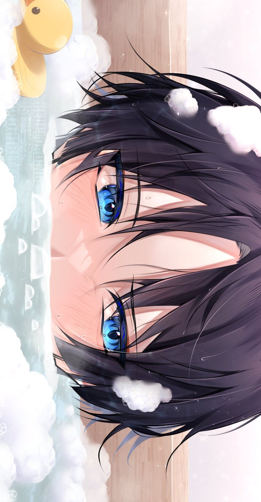 1boy 5656hayururi absurdres black_hair blue_eyes blush bright_pupils constricted_pupils eye_focus genshin_impact hair_between_eyes highres looking_to_the_side male_focus partially_submerged rubber_duck scaramouche_(genshin_impact) short_hair sideways soap_bubbles solo water white_background white_pupils